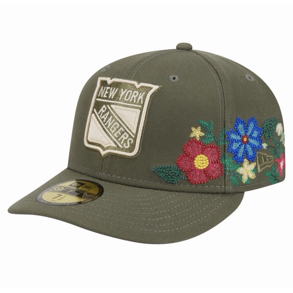 Men's New Era Olive New York Rangers Tonal Florals 59FIFTY Fitted Hat Size 7 NEW